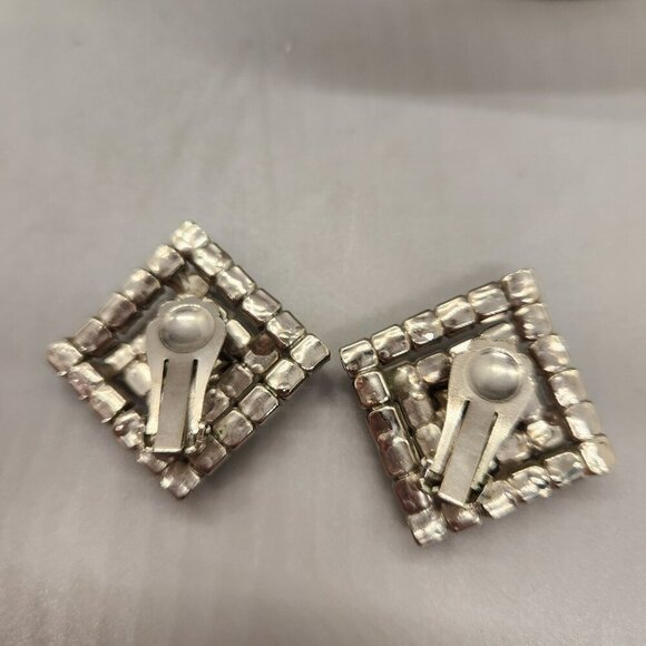 Vintage Earrings Clip On Rhinestone 1" Square Clear Elegant - Picture 3 of 5